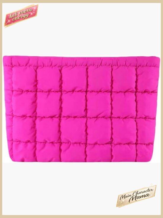 Handbags - Quilted Puffer Makeup Bag with Detachable Pearl Bracelet Slim Cosmetic Pouch